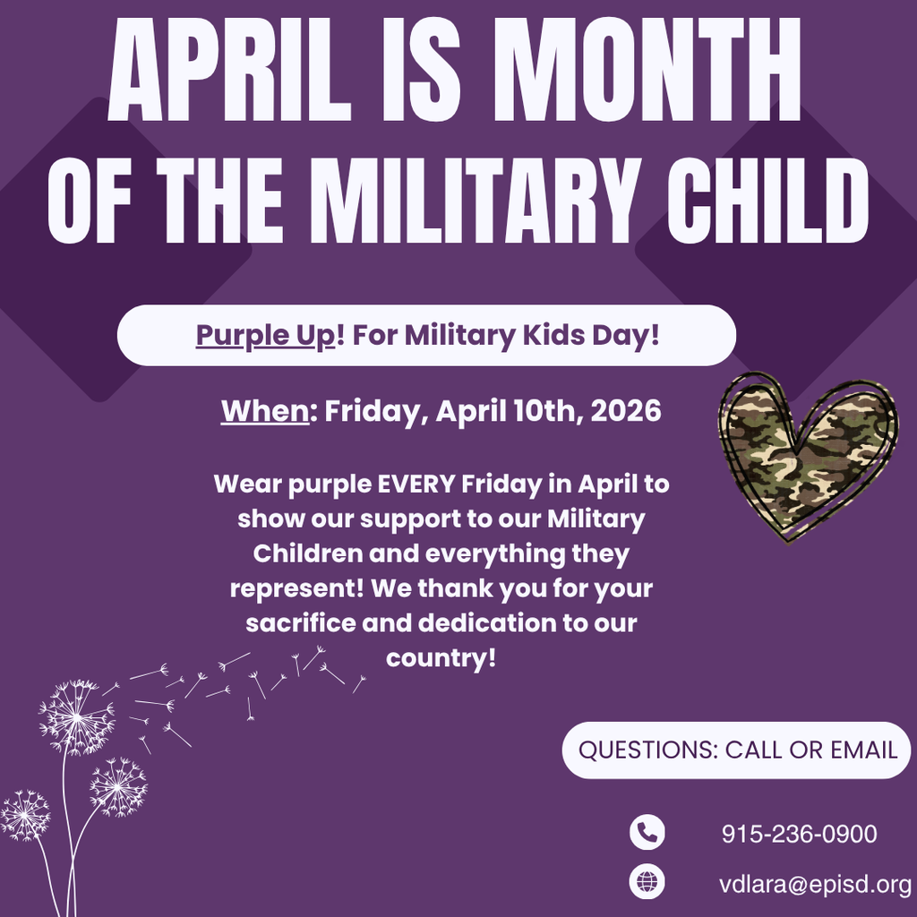 Purple Up Day is Friday, April 10th, 2026. Wear purple every Friday to honor our military kids!