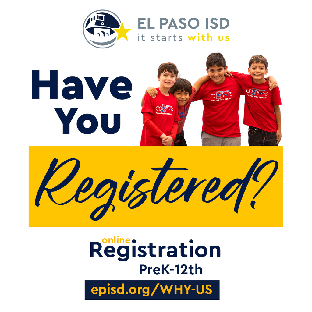 Graphic with four kids smiling together with arms around each others shoulders with text that says Have you registered? Online Registration PreK-12th episd.org/why-us