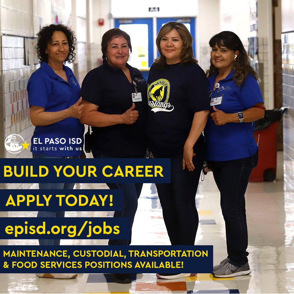 Photo of four custodians smiling with thumbs up with text that says Build Your Career APPLY TODAY! episd.org/jobs Maintenance, Custodial, Transportation & Food Services Positions Available!