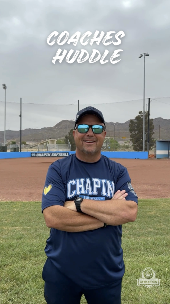 Chapin High School softball coach smilies for a photo with text on screen that says Coaches Huddle