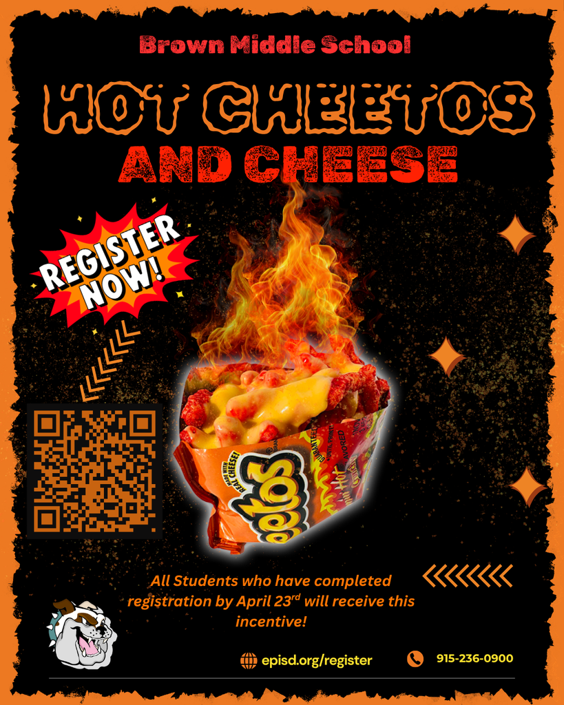 Hot cheetos and cheese incentive for registering by April 23rd, 2026! Parents register ASAP and make sure to upload a bill so the registration is complete. 