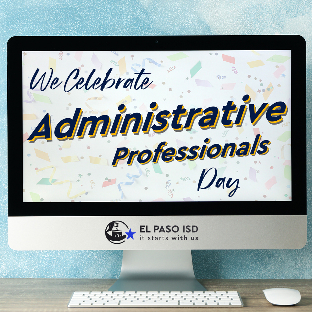 Photo of a computer, keyboard, and mouse that says "We Celebrate Administrative Professionals Day on the computer screen