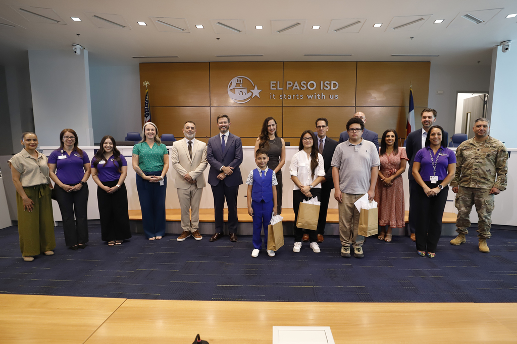 During a recent Board Meeting, students Isaac Del Toro and Franco Hernandez from MacArthur PK-8, along with Ivanna Cho from Chapin High School, read a special proclamation recognizing the strength, resilience, and contributions of military children and families in El Paso ISD. 💜