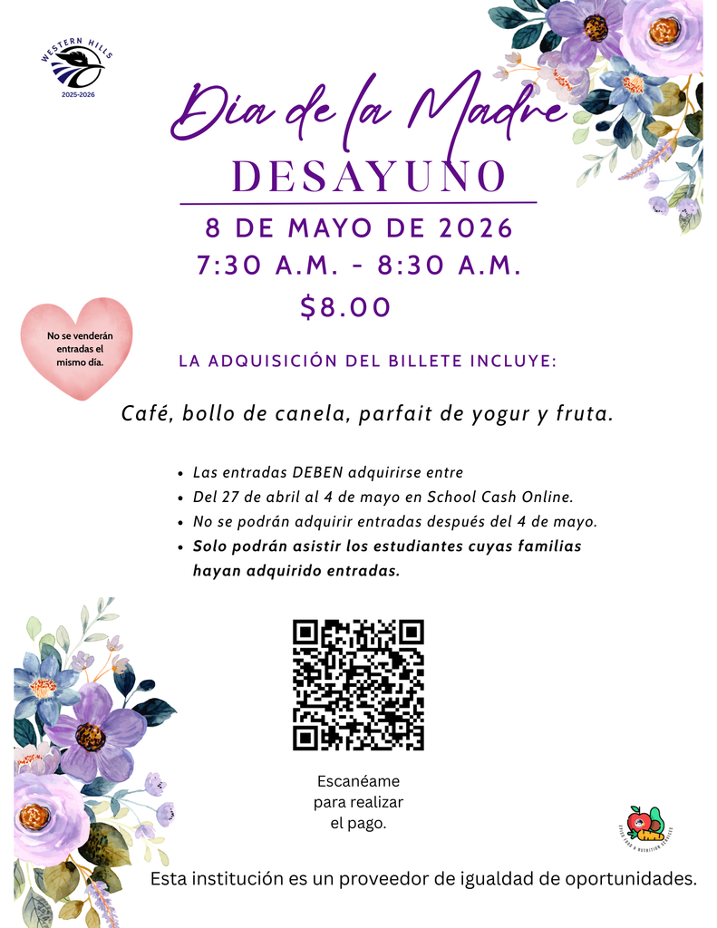Mother's Day Breakfast will be on Friday, May 8th from 7:30 am-8:30 am. Tickets are $8 each and can be purchased online  at School Cash Online from April 27th-May 4th. NO TICKETS WILL BE SOLD AFTER MAY 4TH.