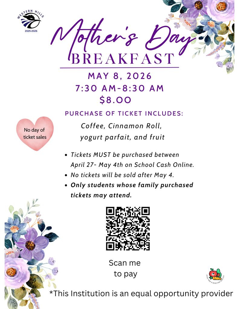 Parents and Guardians,  we will be celebrating Mother's Day on FrTICKETSiday, May, 8th, 2026 from 7:30 am-8:30 am. Tickets must be purchased online at School Cash Online from April 27th-May 4th. NO TICKETS WILL BE SOLD AFTER MAY 4TH.