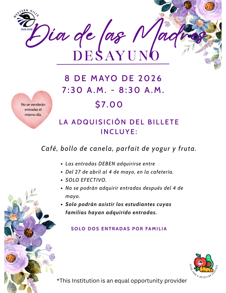 Mother's Day Breakfast will be on Friday, May 8th from 7:30 am-8:30 am. Tickets are $8 each and can be purchased in the cafeteria, cash only from April 27th-May 4th. NO TICKETS WILL BE SOLD AFTER MAY 4TH.