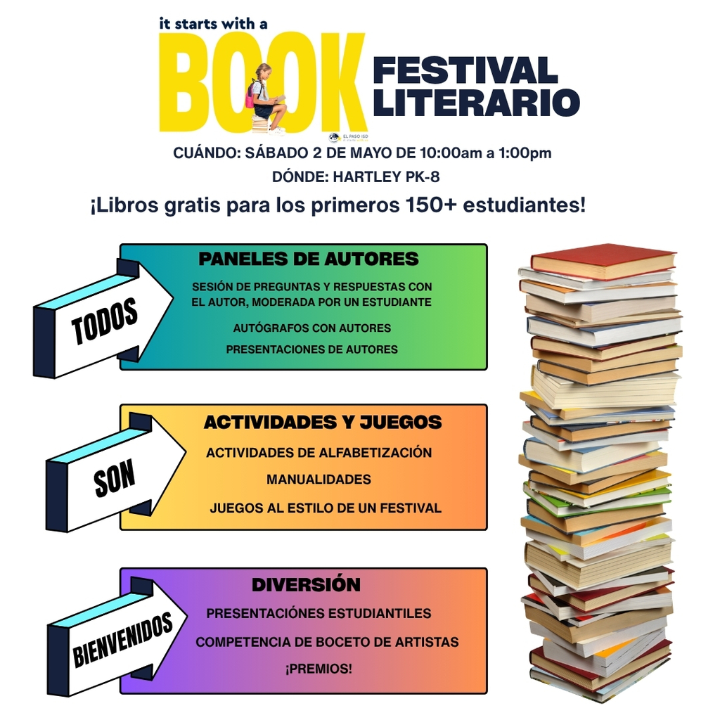 It Starts With Us a Book Festival Cuando: Sabado 2 de Mayo de 10 a.m. a 1 p.m. Donde: Hartley PK-8 Libros gratis para los primeros 150+ estudiantes! Todos Son Bienvenidos Paneles de Autores sesion de preguntas y respuestas con el autor, moderada por un estudiante autografos con autores presentaciones de autores Actividades y juegos actividades de alfabetizacion manualidades juegos al estilo de un festival Diversion presentatciones estudiantiles competencias de boceto de artistas premios!