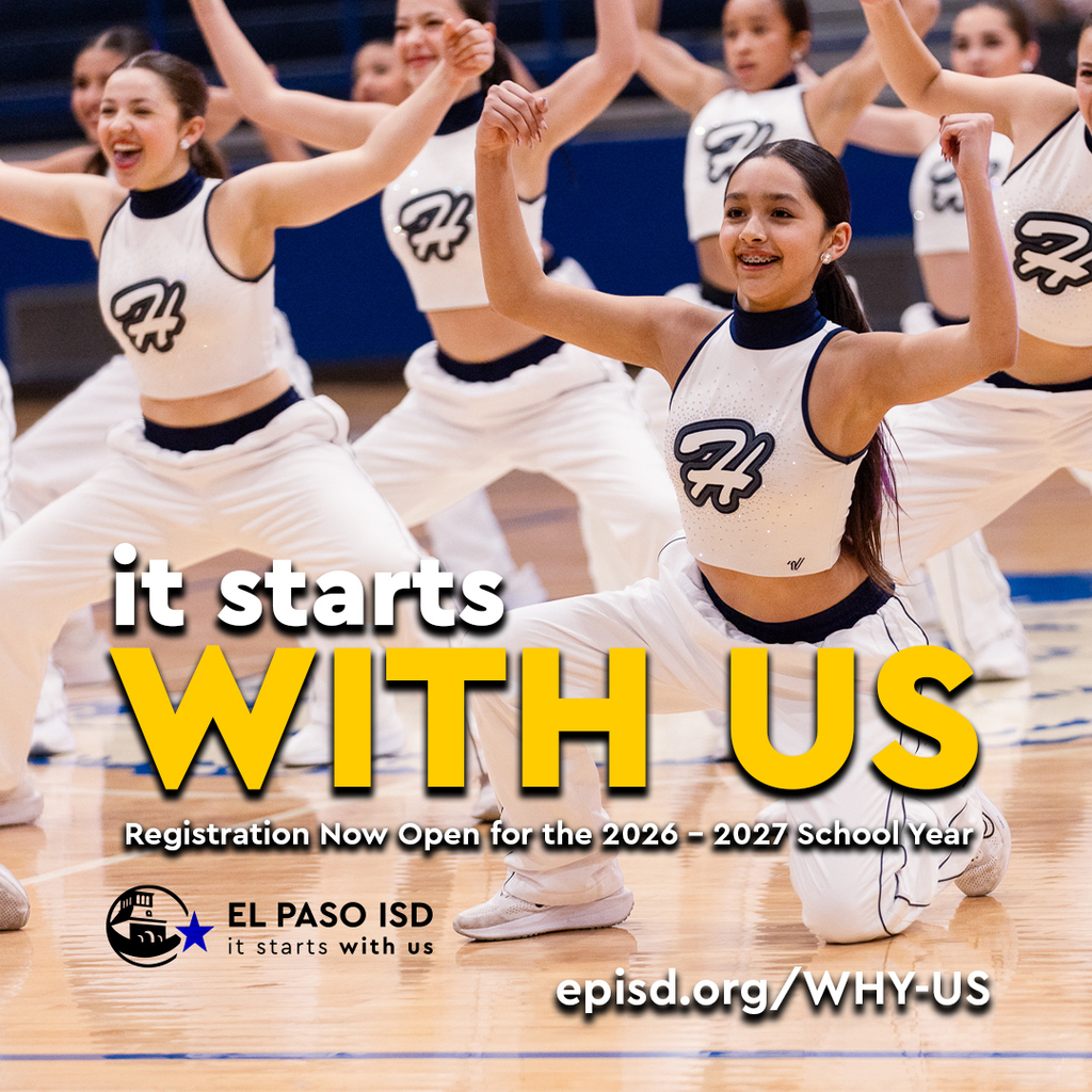 Hornedo Middle School dance team during performance smiling with arms in the air with text that says It Starts With Us Registration Now Open for the 2026-2027 School Year episd.org/why-us
