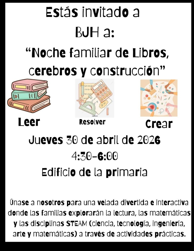 Noche familiar de libros cerebros y construccion Jueves 30 de abril de 2026 4:30pm-6:00pm edificio de la primaria