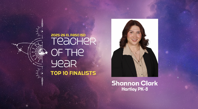 Space graphic with text that says 2025-26 Teacher of the Year Top 10 Finalists Shannon Clark Hartley PK-8 with photo of Shannon