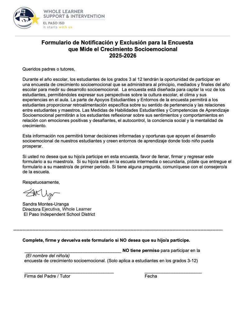 End Of Year Panorama Survey Opt out form spanish