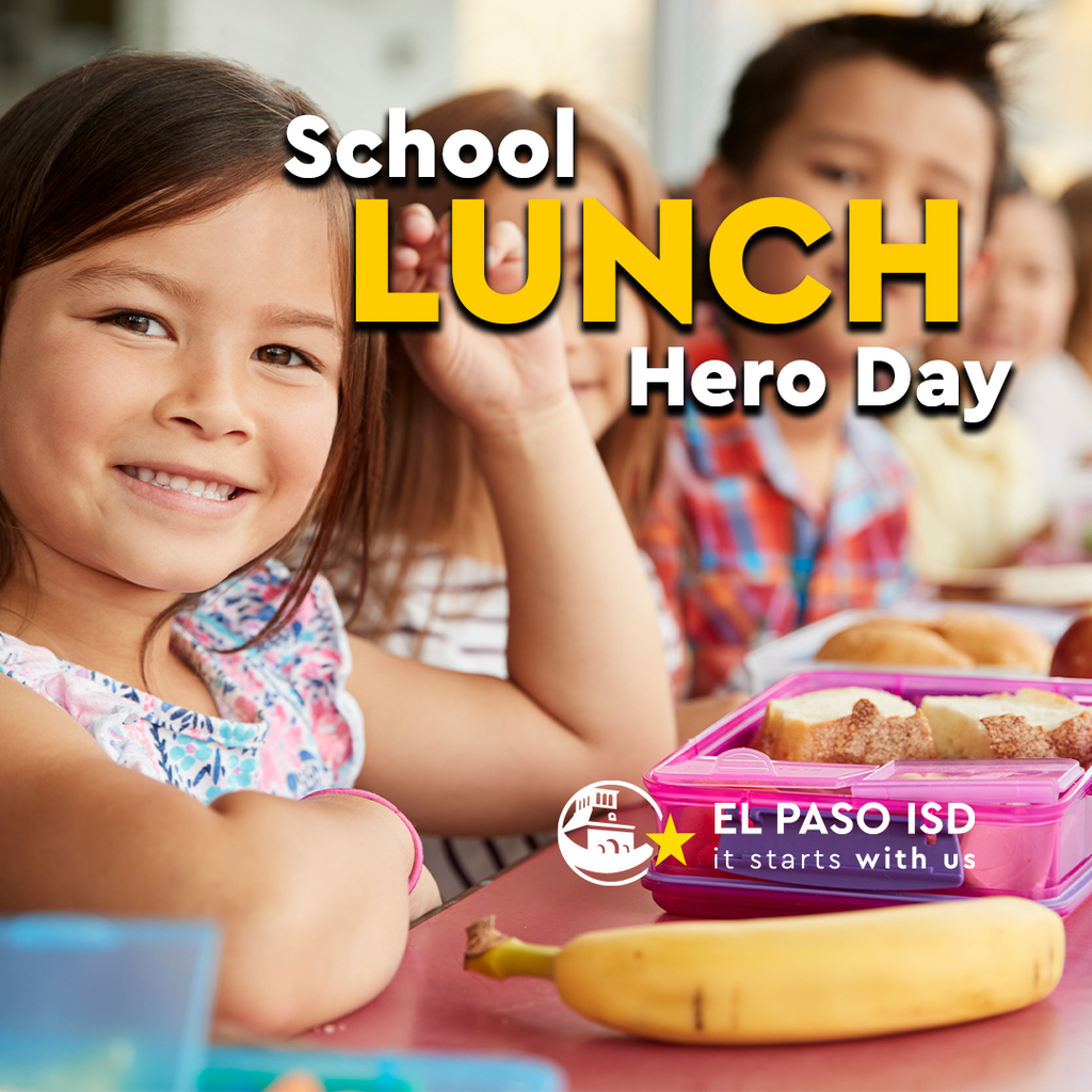Photo of a student smiling with her lunch with text that says School Lunch Hero Day