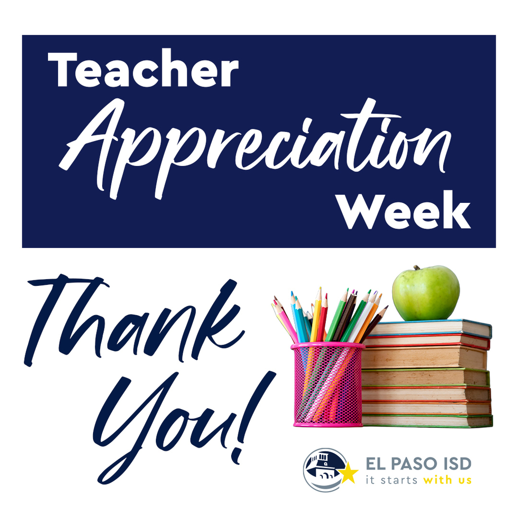 Graphic with pencils, books, and apple that says Teacher Appreciation Week Thank you!
