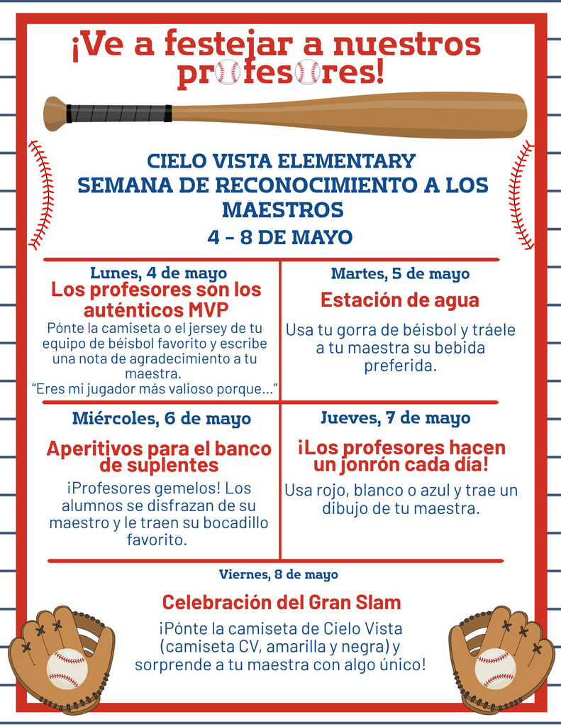 Semana de agradecimiento para los maestros/a 4 al 8 de mayo del 2026