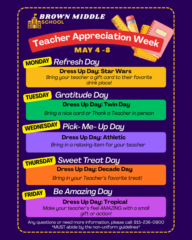 Teacher Appreciation Week  May 4-8. Each day has a different theme to work with 