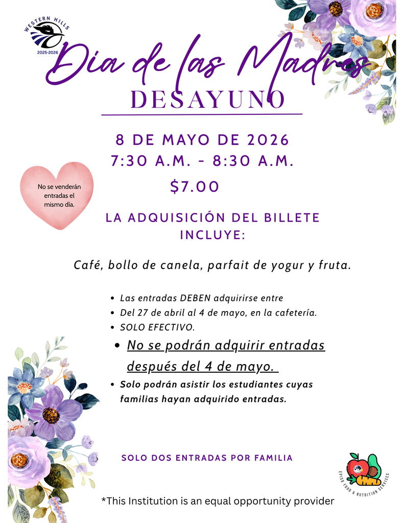 Roadrunner Community, today is the last day to purchase tickets for the Mother's Day Breakfast. Tickets are available at the front office, cash only.