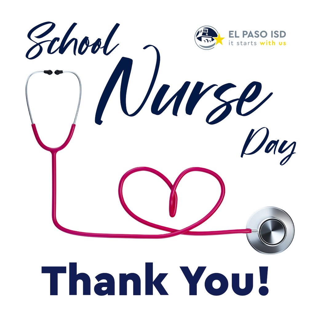 Graphic with red stethoscope shaped in a heart that says School Nurse Day Thank you! 