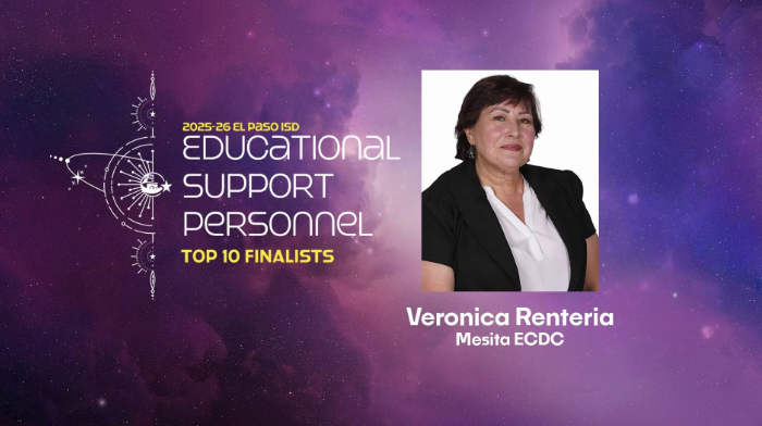 Space graphic with text that says 2025-26 Educational Support Personnel Top 10 FinalistsVeronica Renteria Mesita ECDC with photo of Veronica
