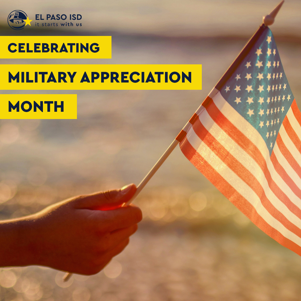 Photo of a hand holding an american flag with text that says Celebrating Military Appreciation Month