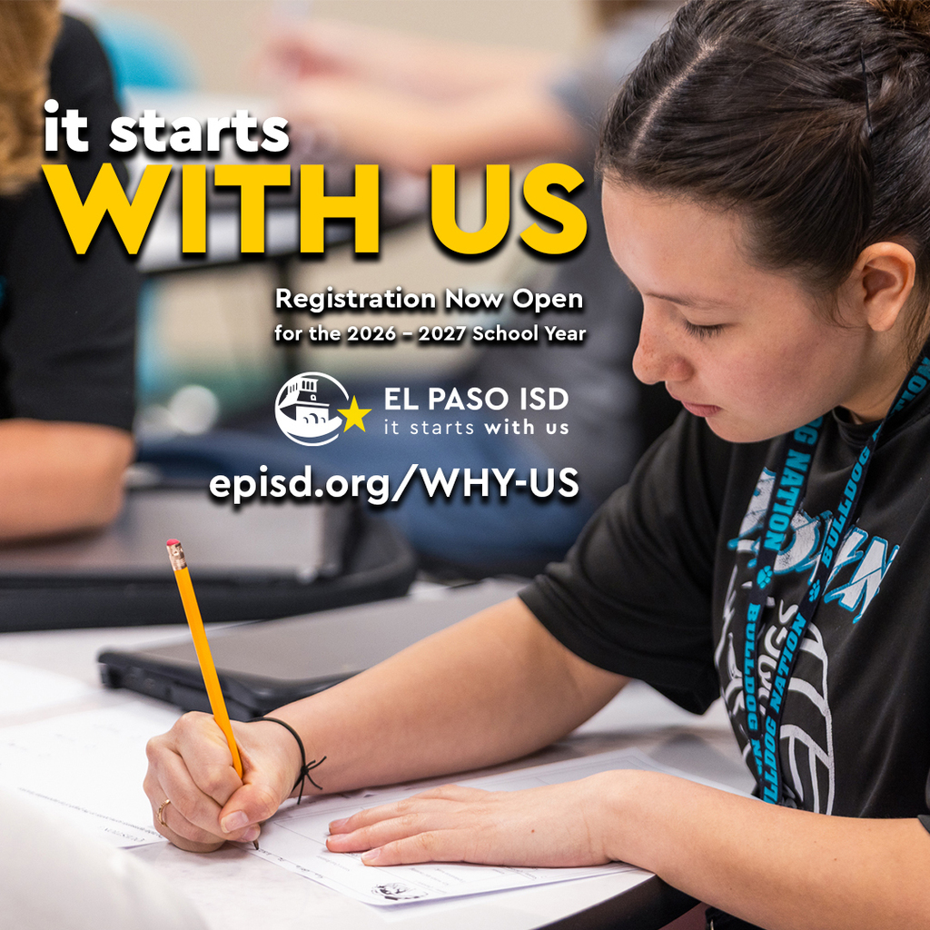 Photo of Brown Middle School student writing with text that says It Starts With Us Registration Now Open for the 2025-26 school year episd.org/why-us