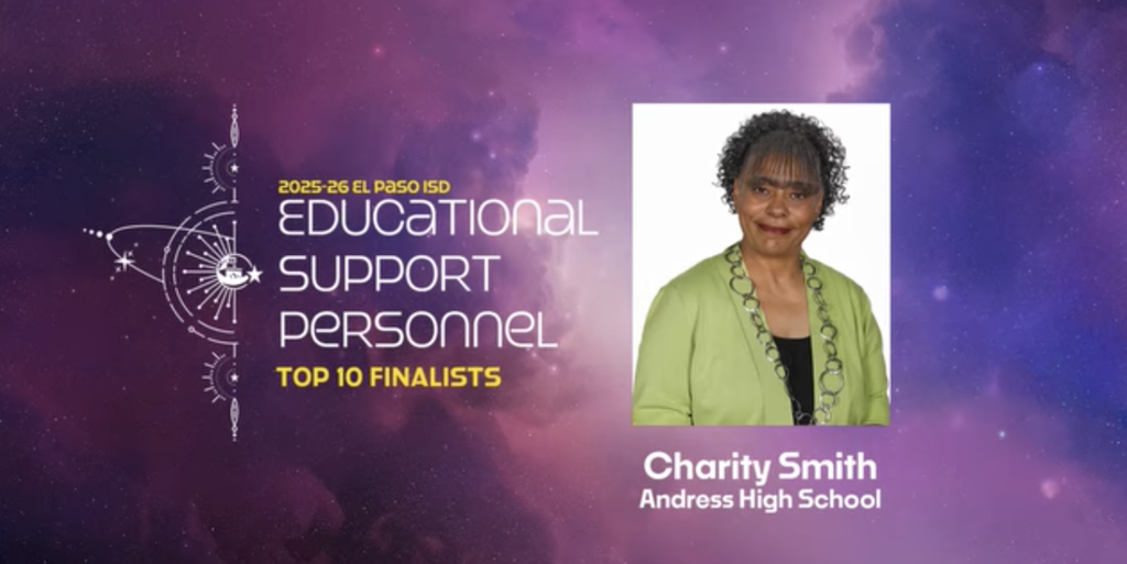Space graphic with text that says 2025-26 Educational Support Personnel Top 10 Finalists Charity Smith Andress High School with photo of Charity