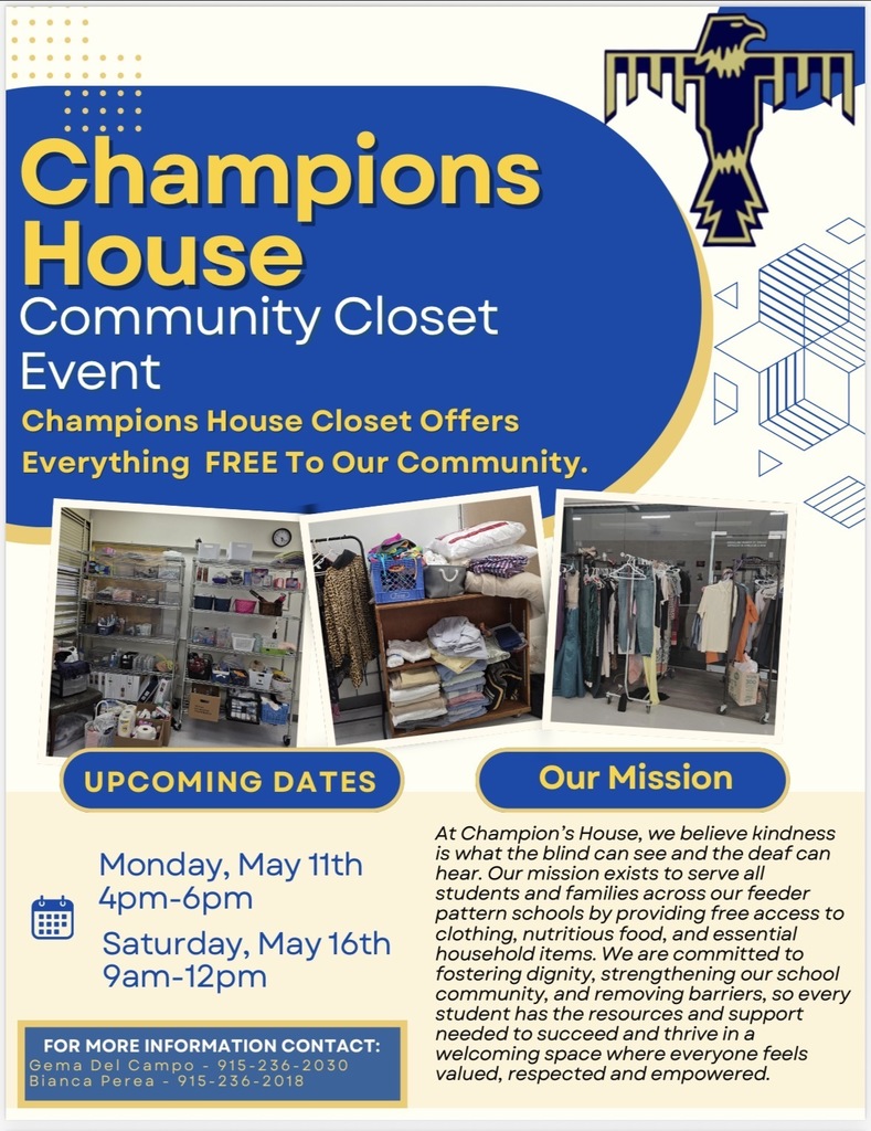 Champions House Community Closet Event - free clothes, nutritional food and essential household items on May 11th & May 16th.