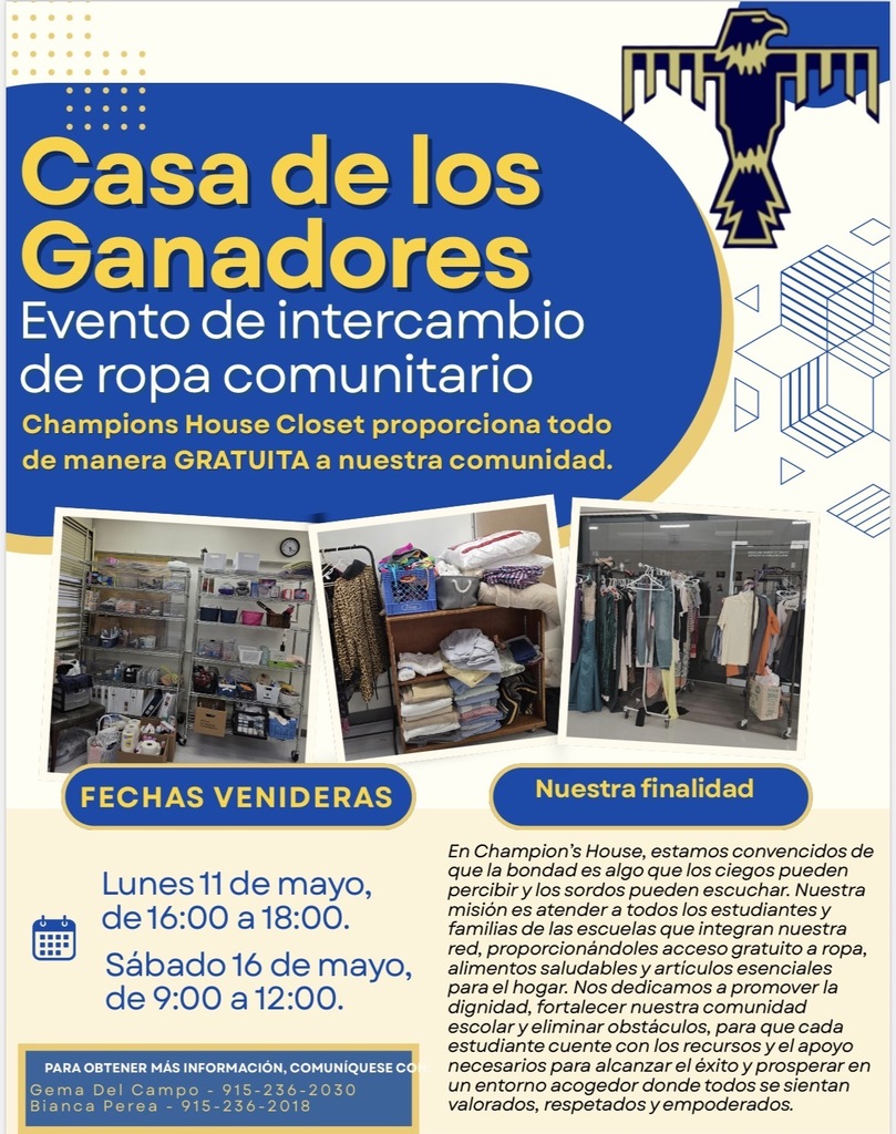 Champions House Community Closet Event - free clothes, nutritional food and essential household items on May 11th & May 16th.