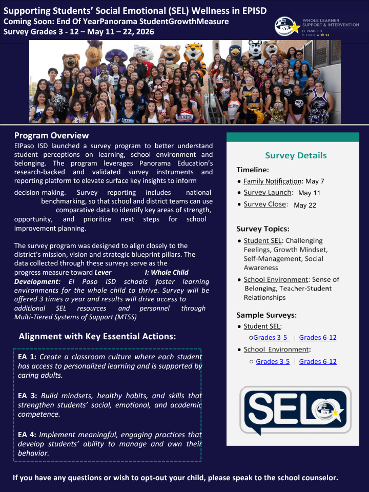Western Hills Community, Coming Soon: End of Year Panorama Student Growth Measure Survey, Grades 3-12. Please see attached flyer for more information.