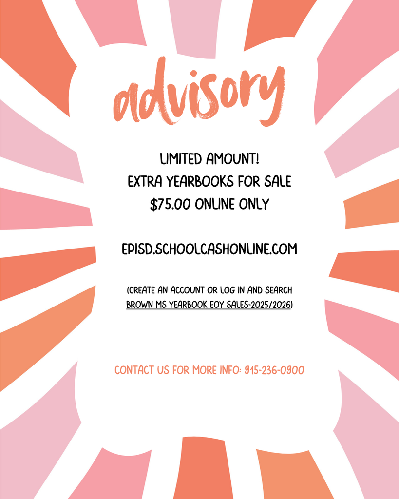 EOY Yeabooks for sale $75.00 online only. EPISD.Schoolcashonline.com and log in or create an account to pay for your yearbook. 