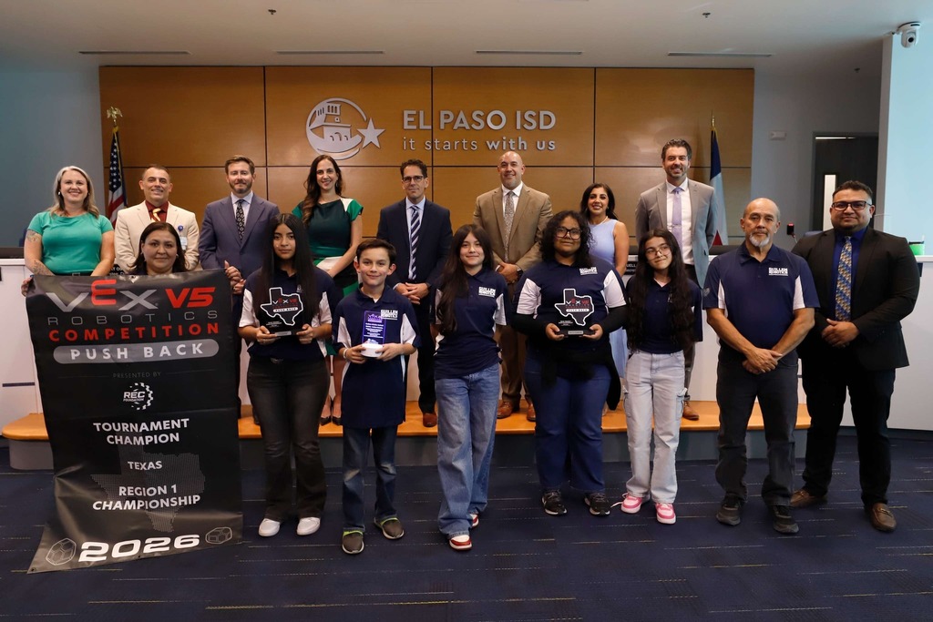 Photo of El Paso ISD Board of Trustees and El Paso ISD Superintendent Dr. Brian Lusk were excited to recognize champions of the Texas Region VEX Robotics state competition. 🌟 Congratulations to our teams from Center for Career and Technology Education, Chapin High School, Coronado High School, and Franklin High School. 👏 #ItStartsWithUs #ElPasoISD #EPISD