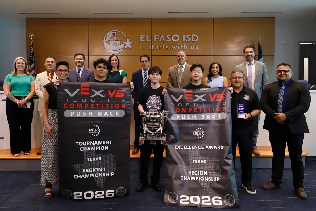 Photo of El Paso ISD Board of Trustees and El Paso ISD Superintendent Dr. Brian Lusk were excited to recognize champions of the Texas Region VEX Robotics state competition. 🌟 Congratulations to our teams from Center for Career and Technology Education, Chapin High School, Coronado High School, and Franklin High School. 👏 #ItStartsWithUs #ElPasoISD #EPISD