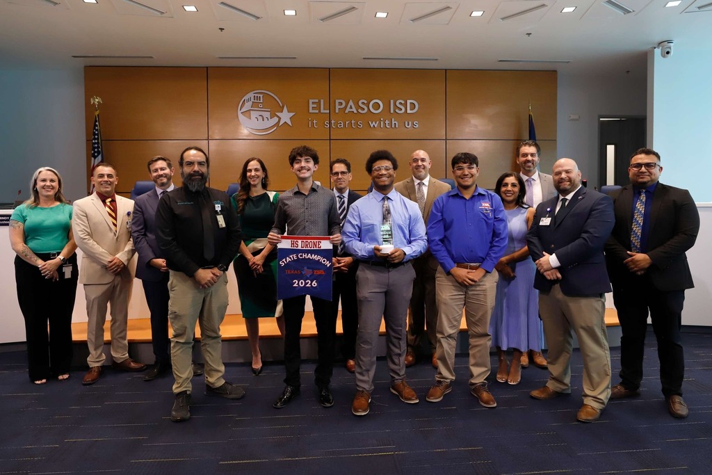 Photo of El Paso ISD Board of Trustees and El Paso ISD Superintendent Dr. Brian Lusk were excited to recognize champions of the Texas Region VEX Robotics state competition. 🌟 Congratulations to our teams from Center for Career and Technology Education, Chapin High School, Coronado High School, and Franklin High School. 👏 #ItStartsWithUs #ElPasoISD #EPISD