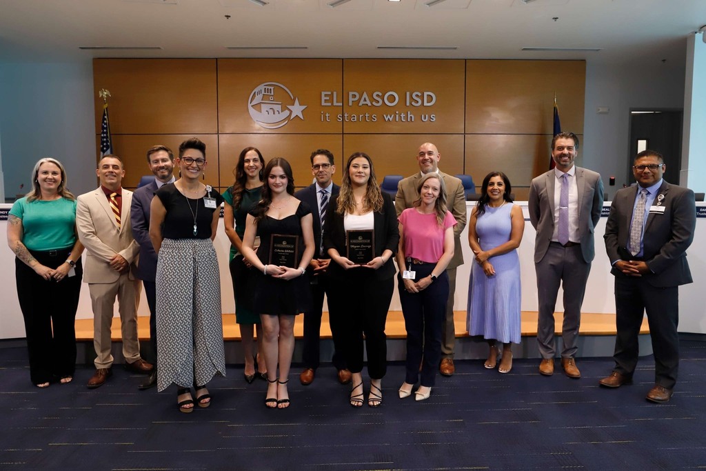 Photo of El Paso ISD Board of Trustees and El Paso ISD Superintendent Dr. Brian Lusk were thrilled to recognize two Franklin High School students who have earned a full-ride scholarship through the Terry Foundation Scholarship. 🌟 Congratulations to Catherine Whitlatch and Mayram Lizarraga. 🎊 #ItStartsWithUs #ElPasoISD #EPISD