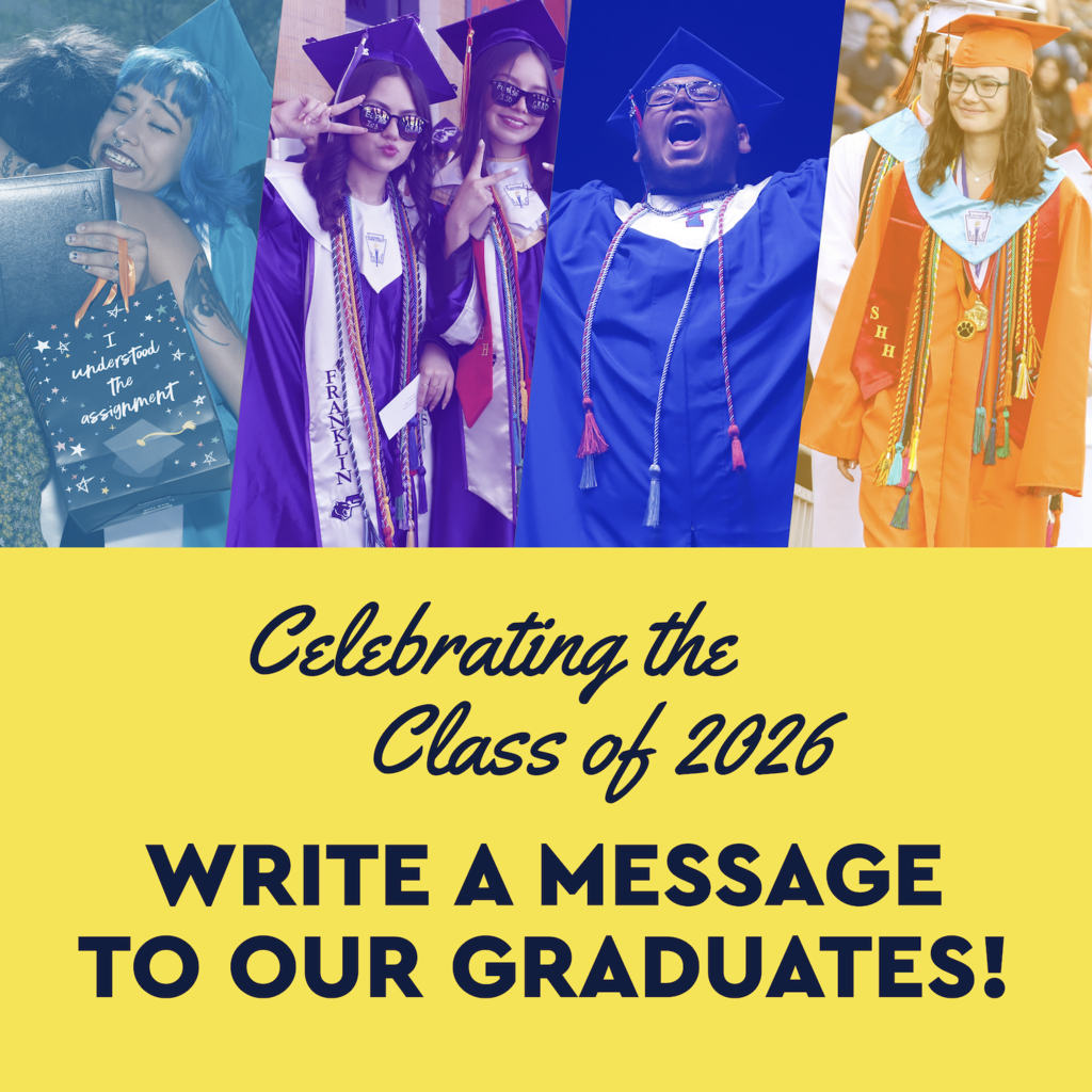 Graphic with four different photos of El Paso ISD graduates. One hugging a parent, another two posing with sunglasses, one cheering after receiving diploma, and another smiling. Graphic has text that says Celebrating the Class of 2026 Write a Message to our graduates!