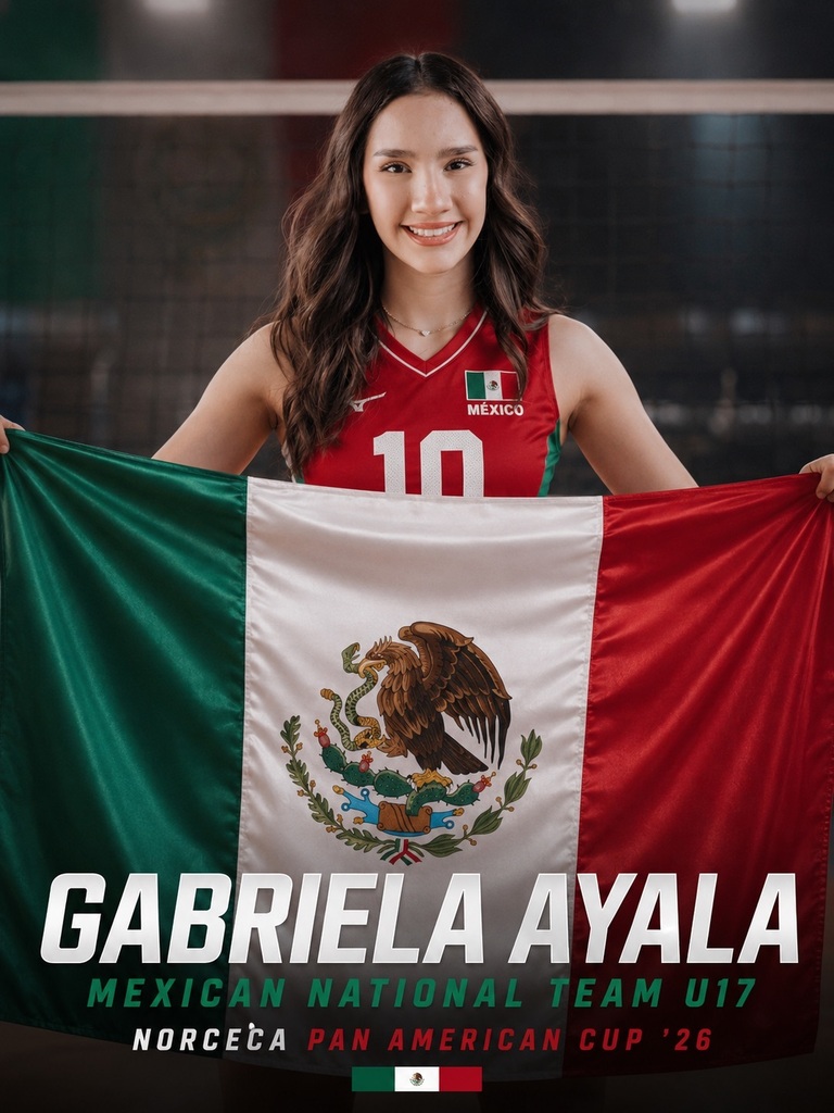 Photo of Gabriela Ayala holding Mexico flag with text that says Gabriela Ayala Mexican National Team U17 NORCECA PAN AMERICAN CUP '26