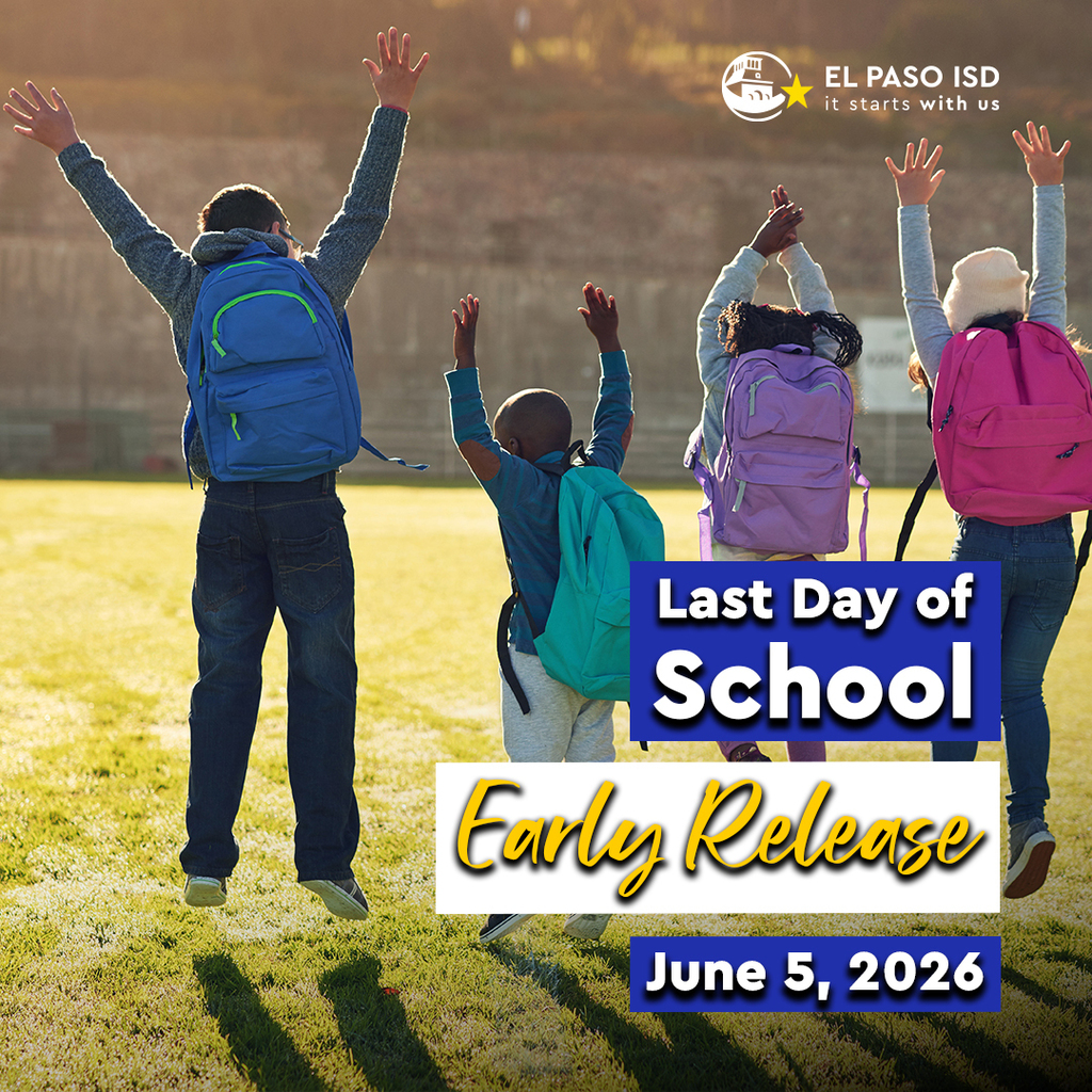 Photo of four students jumping with hands up and text that says Last Day of School Early Release June 5, 2026