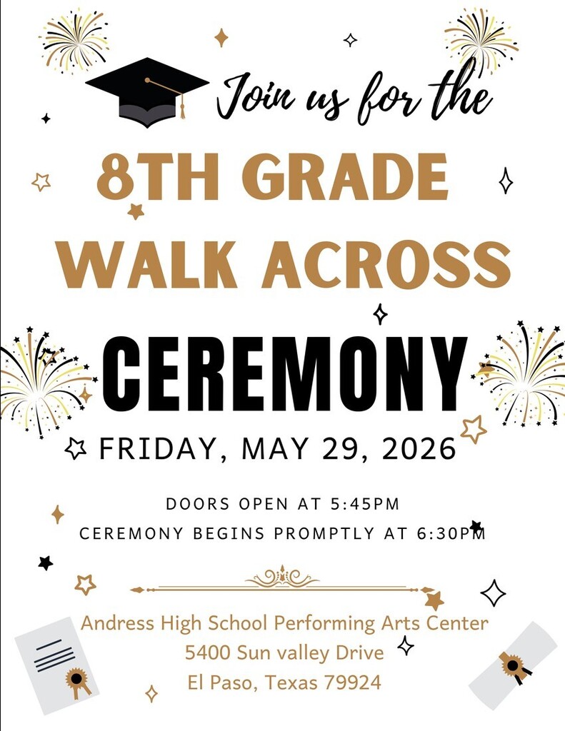 8th Grade Walk Across Ceremony Fri May 29th, 2026 6:30pm