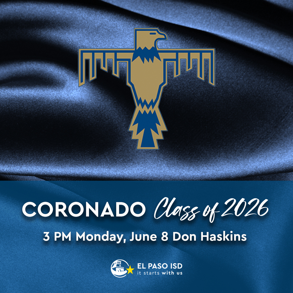 Navy Blue Satin Background with TBIRDS  logo with text that says Coronado High School Class of 2026 3 PM Monday, June 8 Don Haskins 