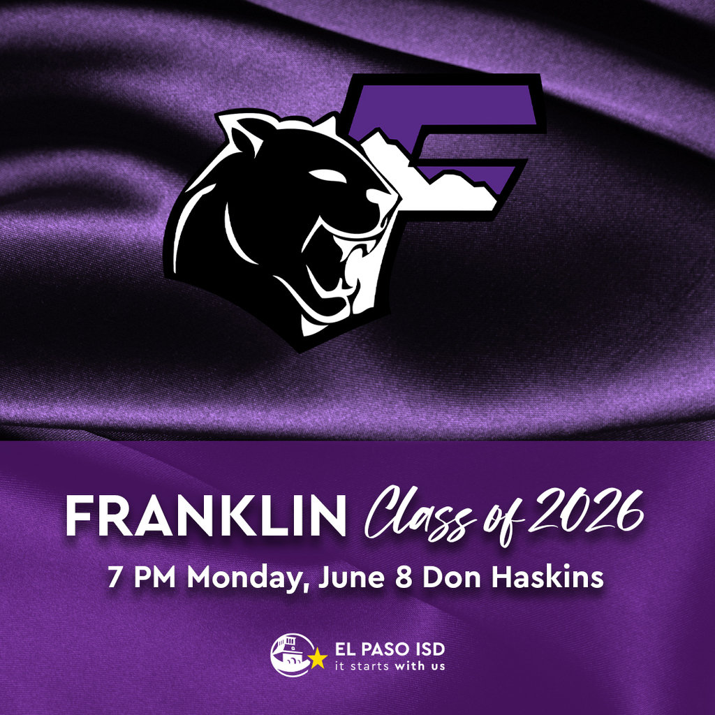 Purple Satin Background with Cougars logo with text that says Franklin High School Class of 2026 7 PM Monday, June 8 Don Haskins 