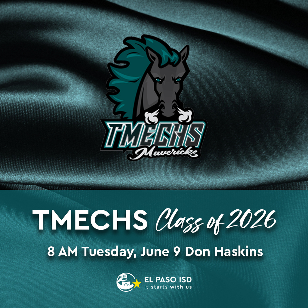 Dark Teal Satin Background with Mavericks logo with text that says Transmountain Early College High School Class of 2026 8 AM Tuesday, June 9 Don Haskins