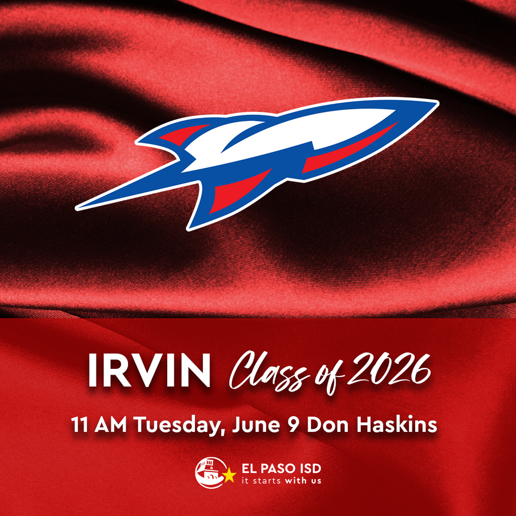 Red Satin Background with Rockets logo with text that says Irvin High School Class of 2026 11 AM Tuesday, June 9 Don Haskins 