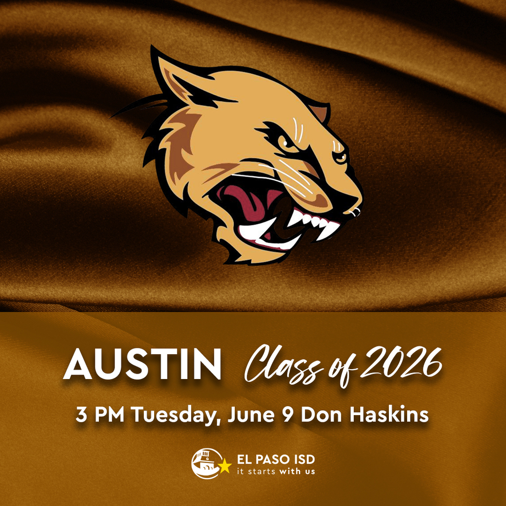 Copper Brown Satin Background with Panthers logo with text that says Austin High School Class of 2026 3 PM Tuesday, June 9 Don Haskins