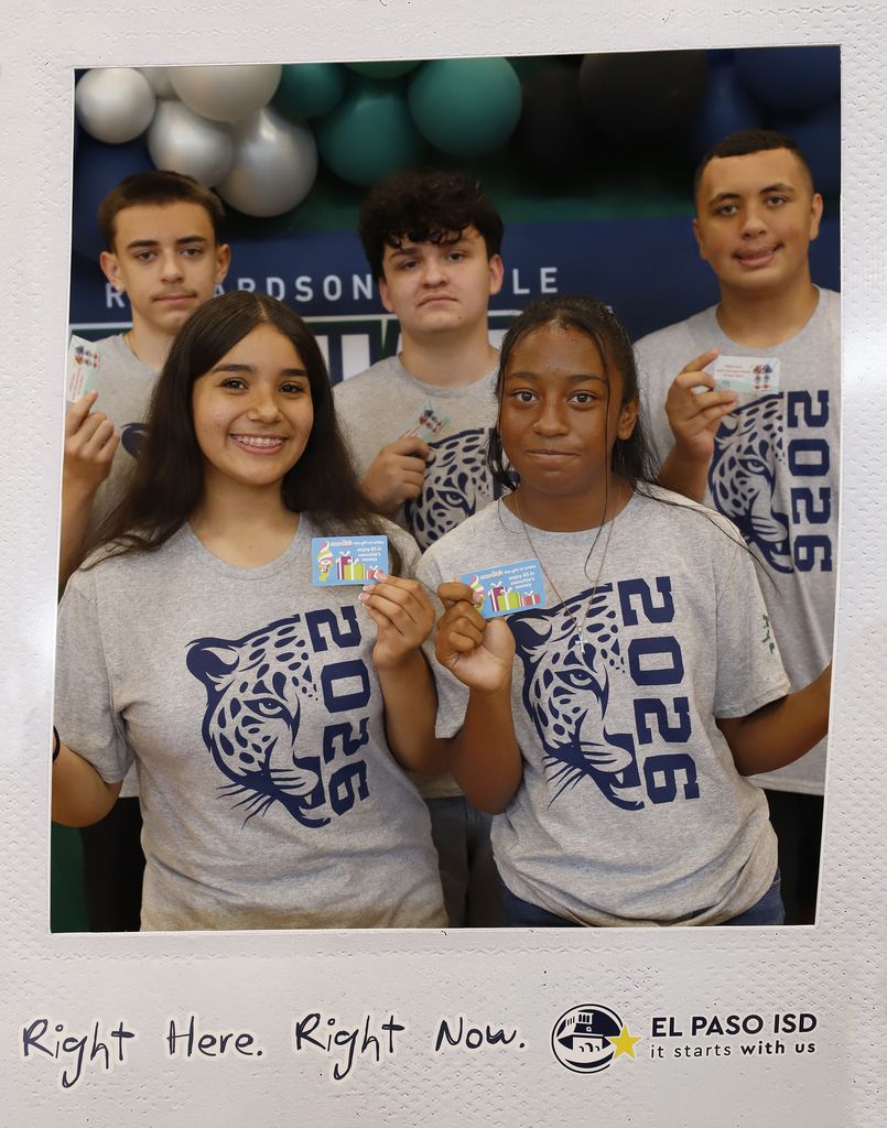 Richardson Middle School students smile in Right Here Right Now giant polaroid holding menchie's giftcards