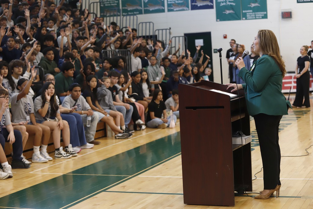 Richardson Middle School principal speaking to students