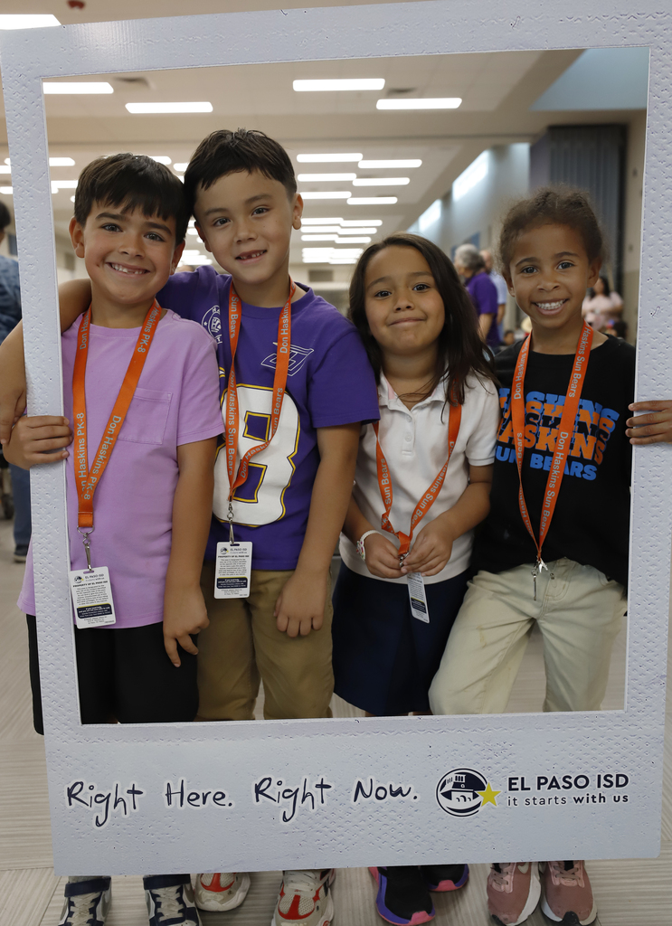 Don Haskins PK-8 students take group photo in Right Here Right Now Giant Polaroid Frame