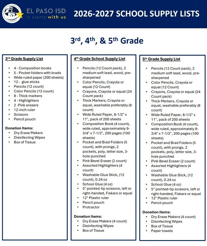 Supply List - 3rd-5th