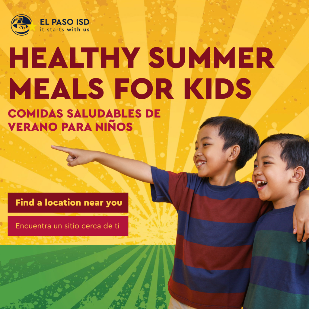 Kids smiling and pointing with text that says Healthy Summer Meals for Kids Comidas saludables de verano para ninos find a location near you encuentra un sitio cerca de ti