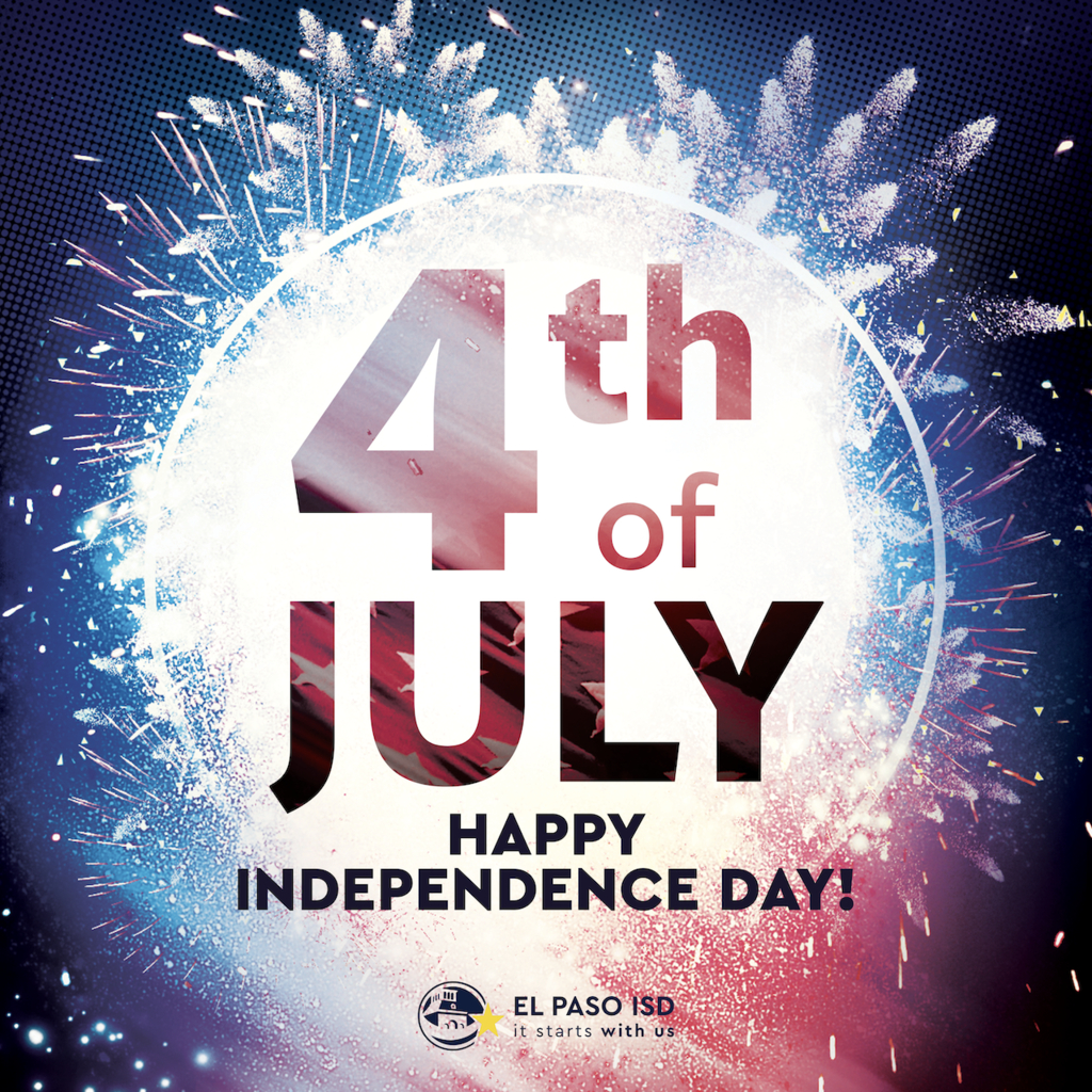 Graphic with fireworks on blue and red background with text that says 4th of July Happy Independence Day!