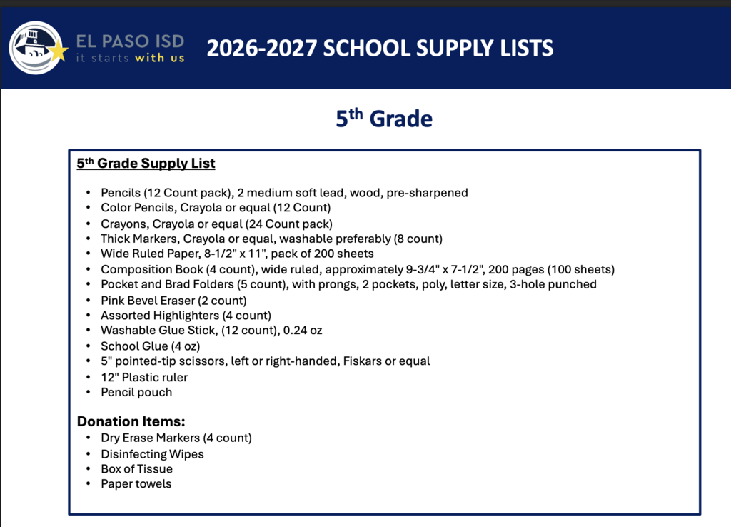 5th grade school supplies 2026-27