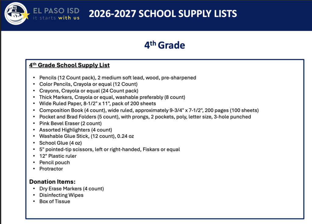 4th grade school supplies 2026-27